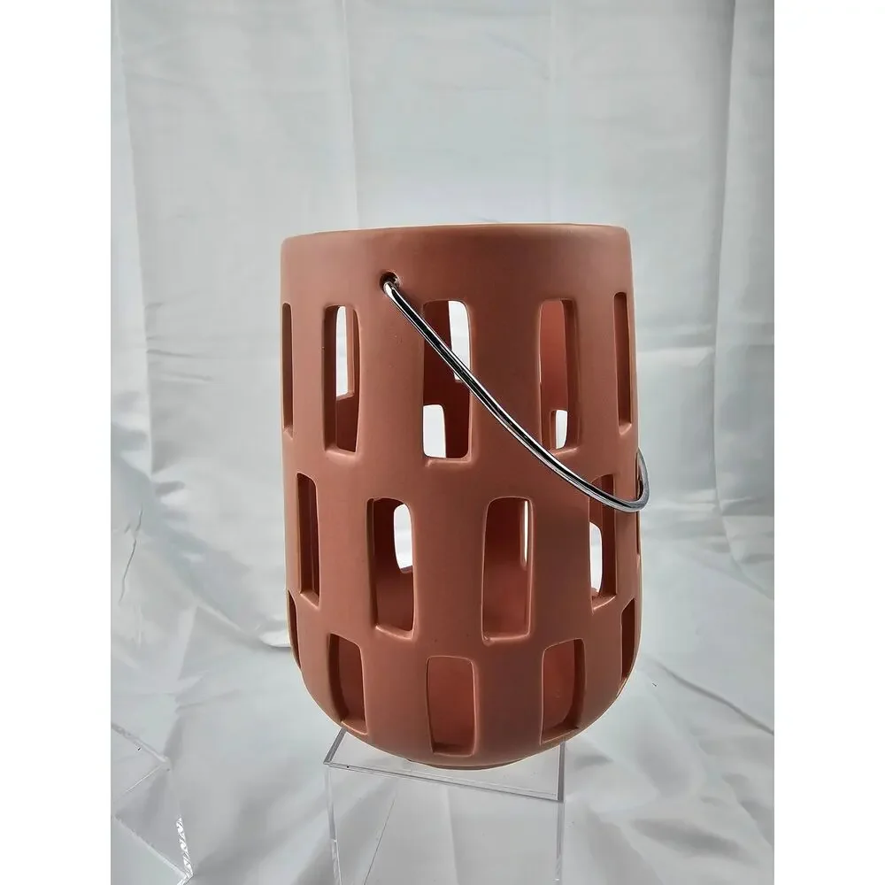 Terracotta Ceramic Lantern Modern Cutout Candle Holder Metal Handle Burnt Orange